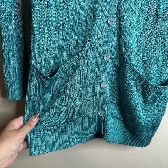 RALPH Lauren Black Label 100% silk Green Blue Cable Knit V Neck Cardigan Small - Picture 2 of 13